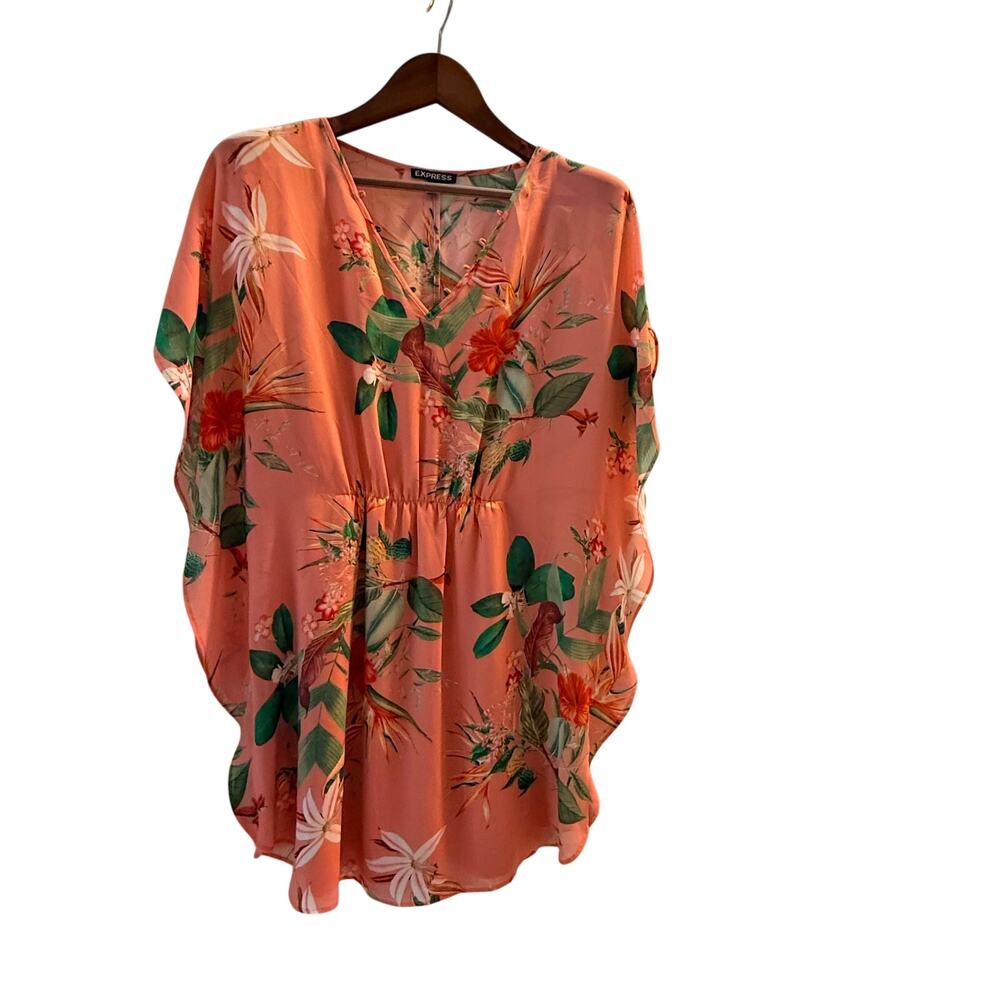 Express Size XS, flowy, cinch-waist. pink tropical floral batwing dress